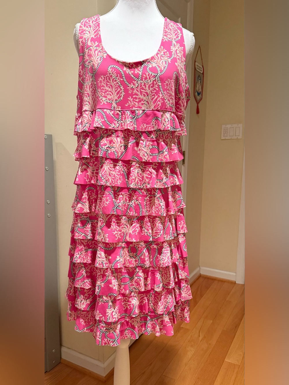 Lulu B cute Cha Cha pink and white, coral and rope print  tired ruffle dress